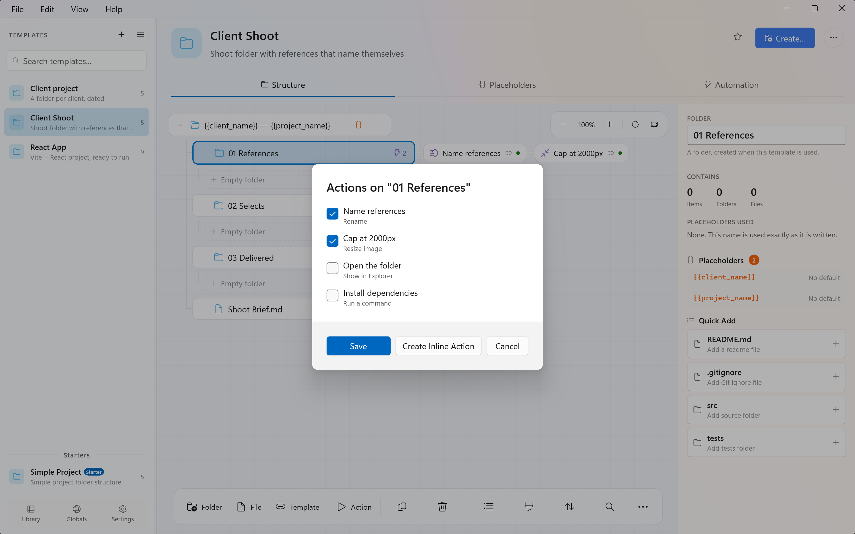 The Actions dialog for a selected folder, listing the template's own actions and the library's together with a checkbox each