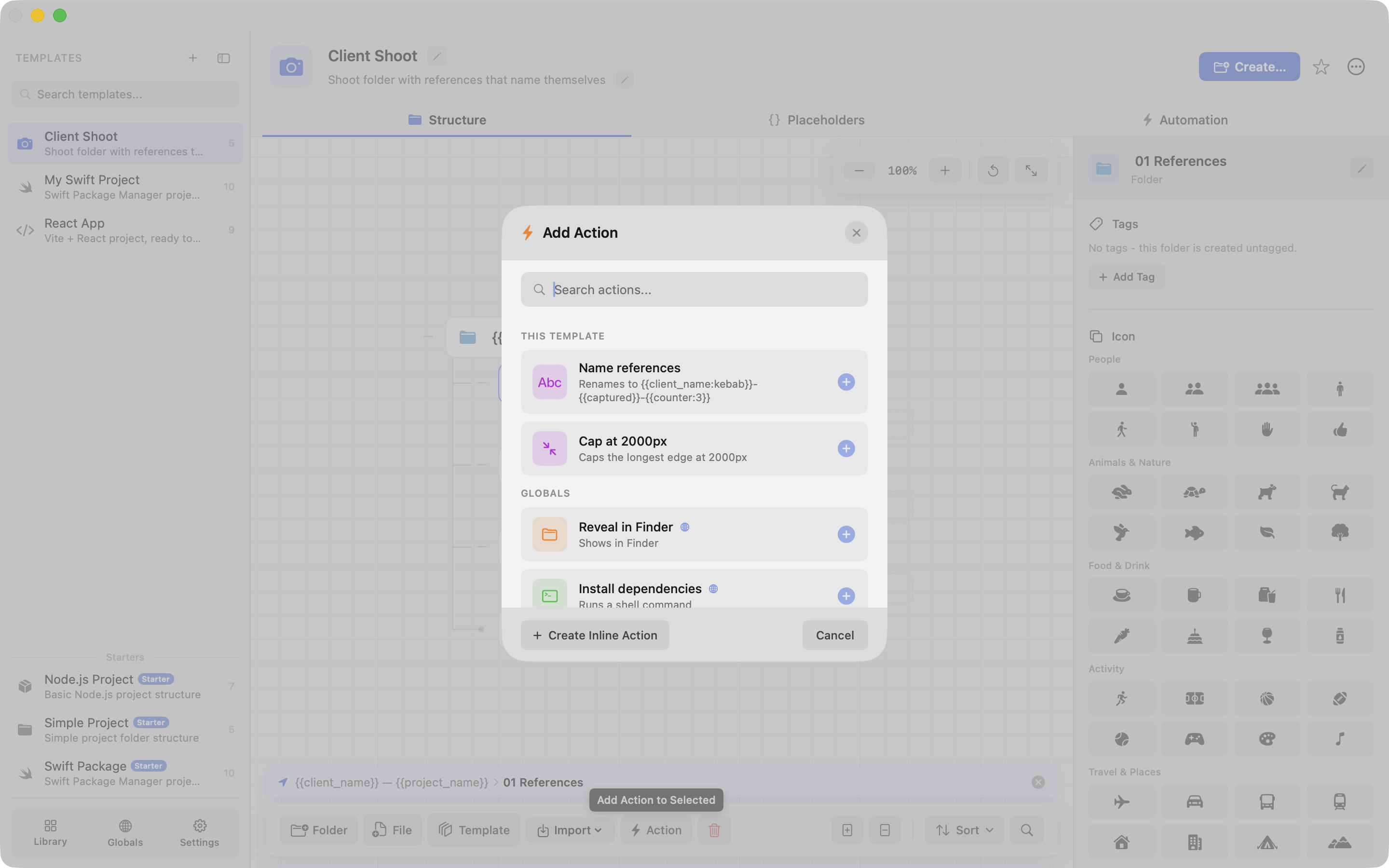 The Add Action picker showing actions from this template above a Globals heading with library-wide actions below it