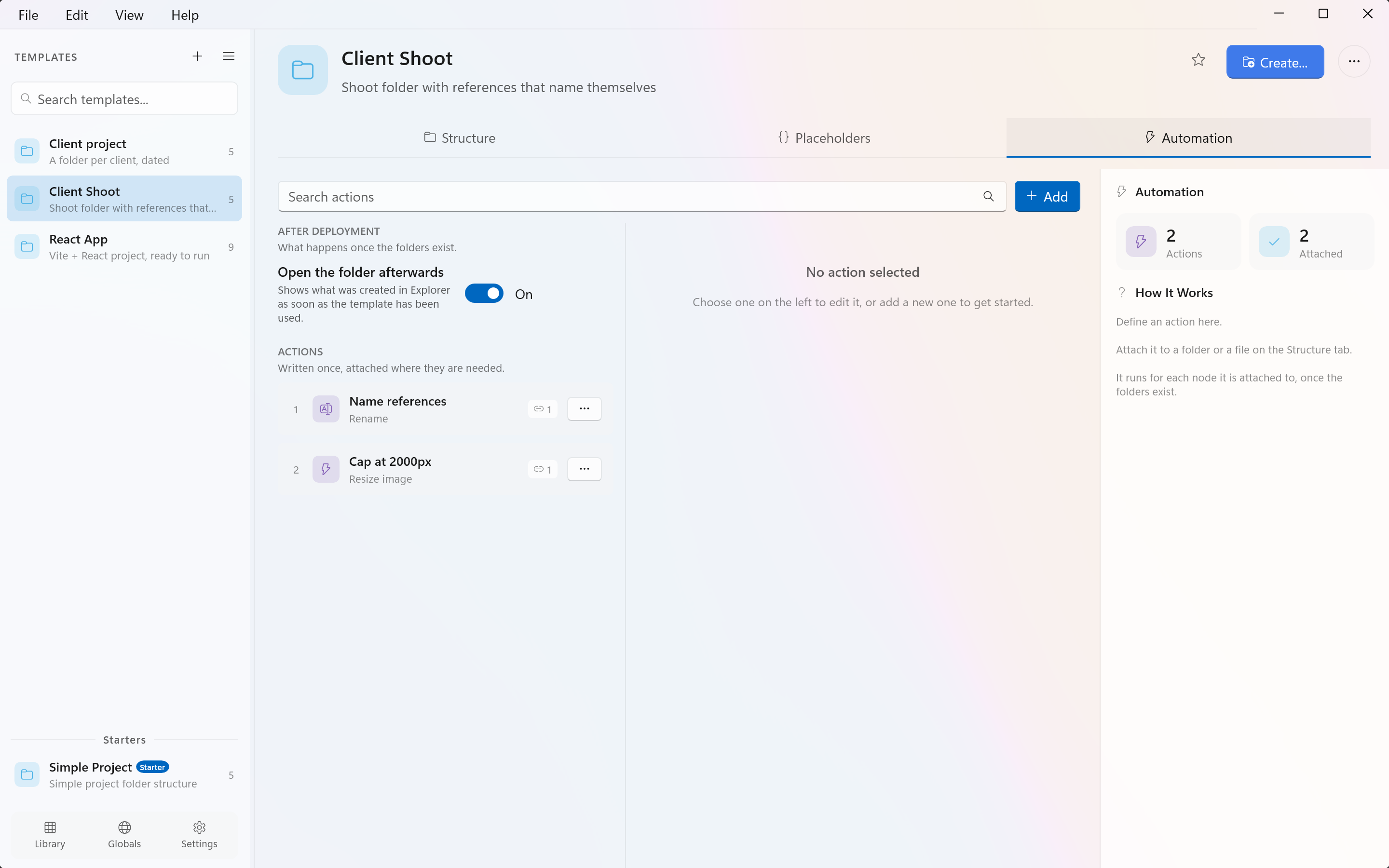 The Automation tab of the template editor, with a list of actions on the left and the settings for the selected one on the right