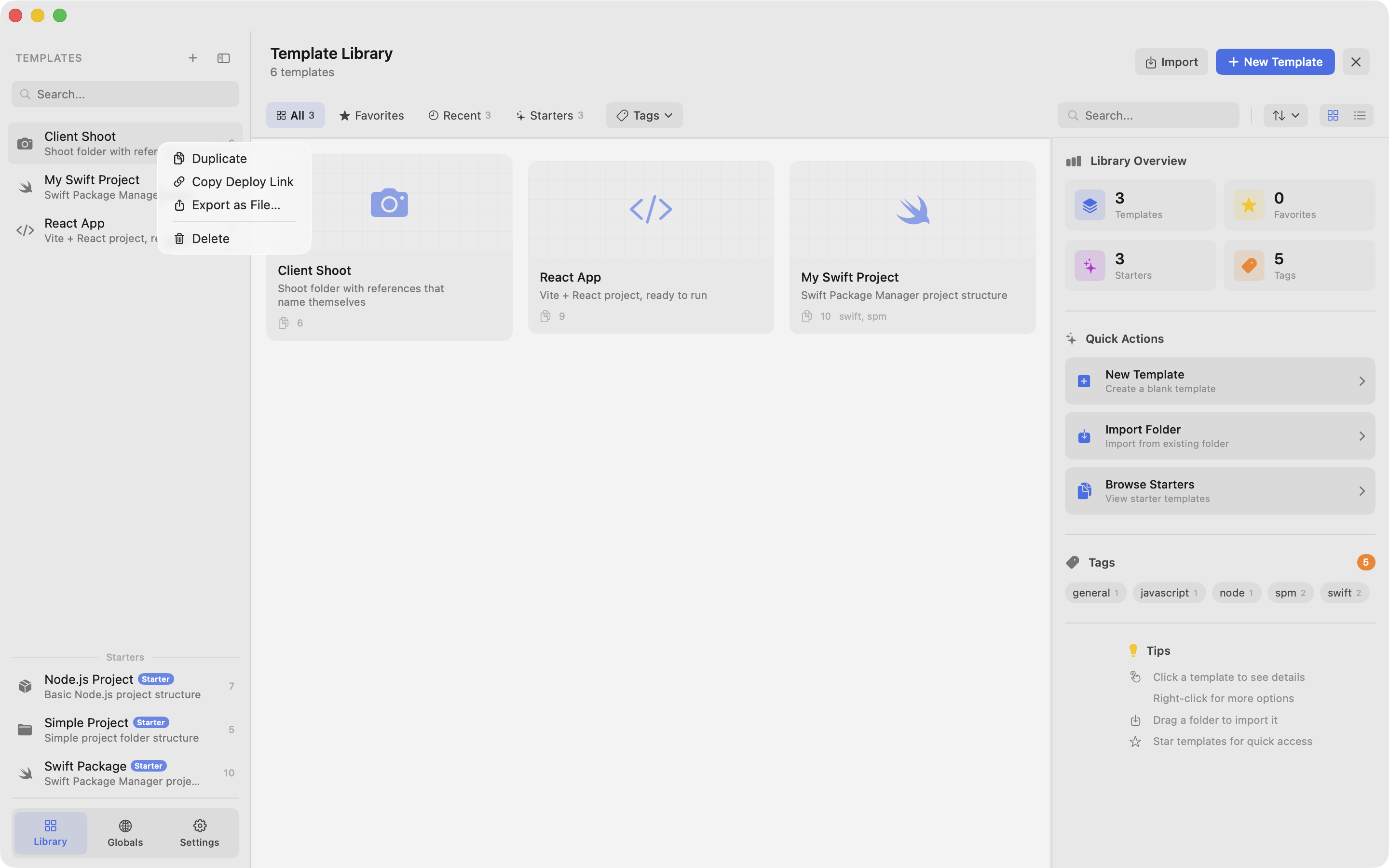 The right-click menu on a template in the Prefab sidebar, showing Copy Deploy Link