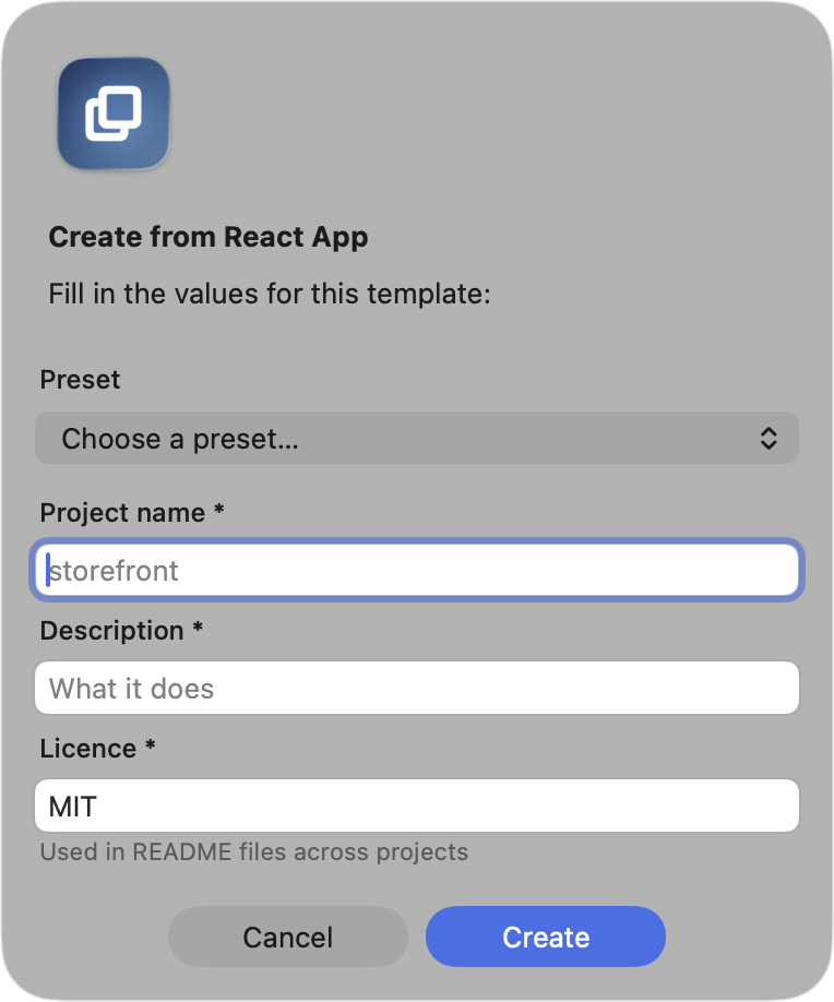 The Prefab deploy prompt showing a labelled text field for each placeholder and a preset pop-up above them