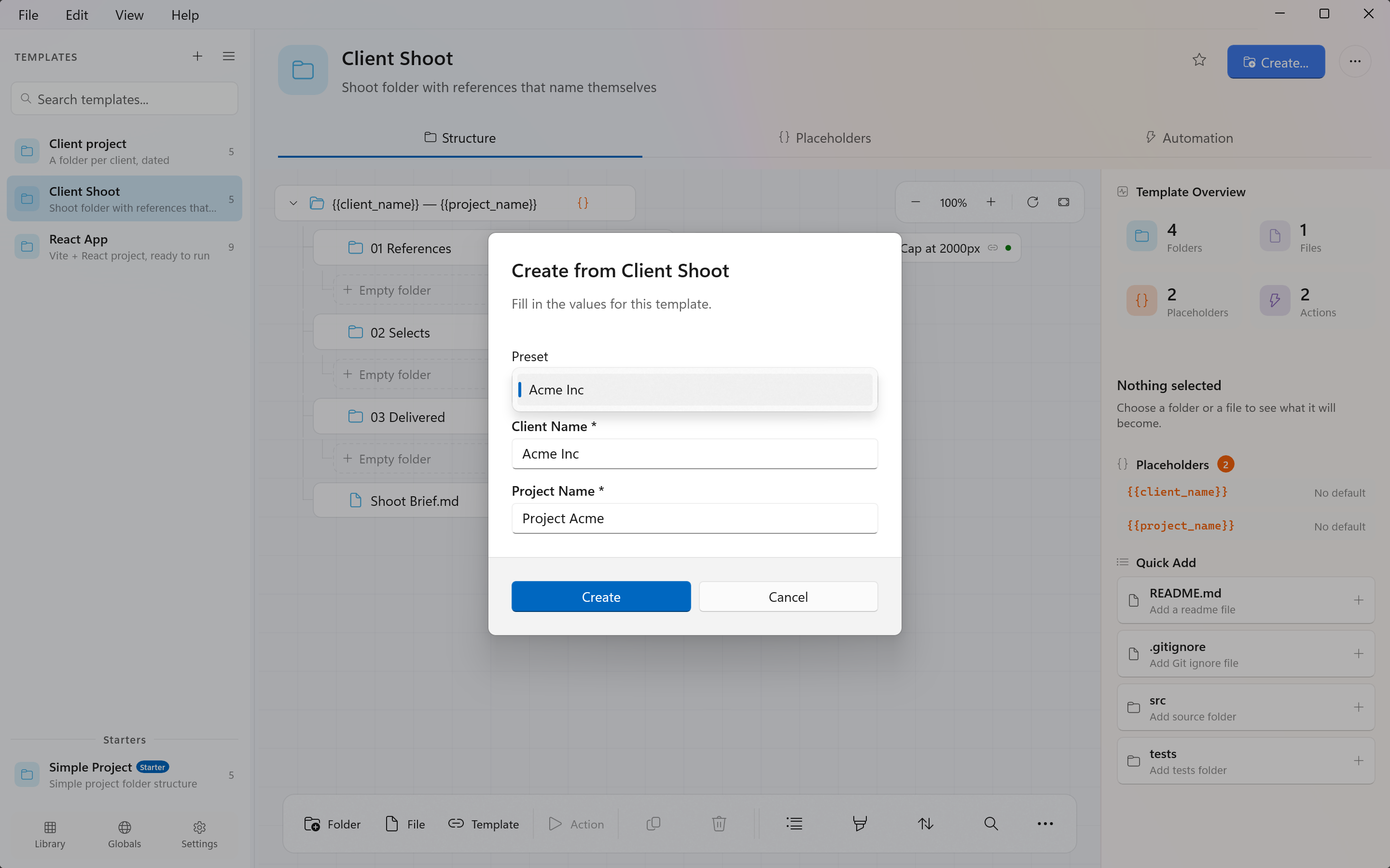 The deploy prompt with a Preset pop-up button above the placeholder fields