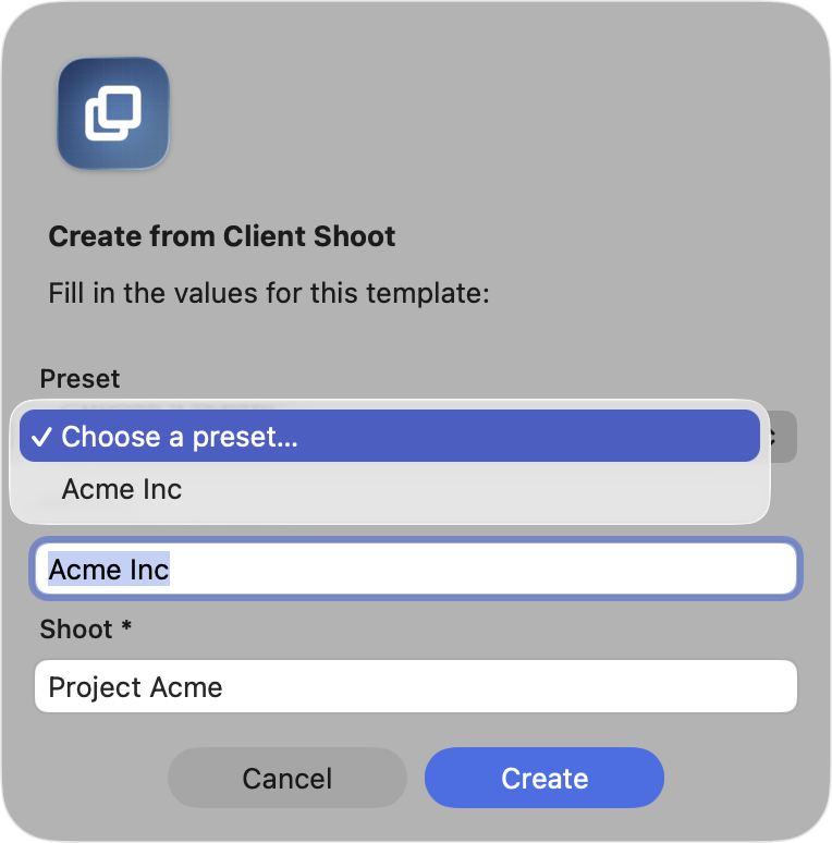 The deploy prompt with a Preset pop-up button above the placeholder fields