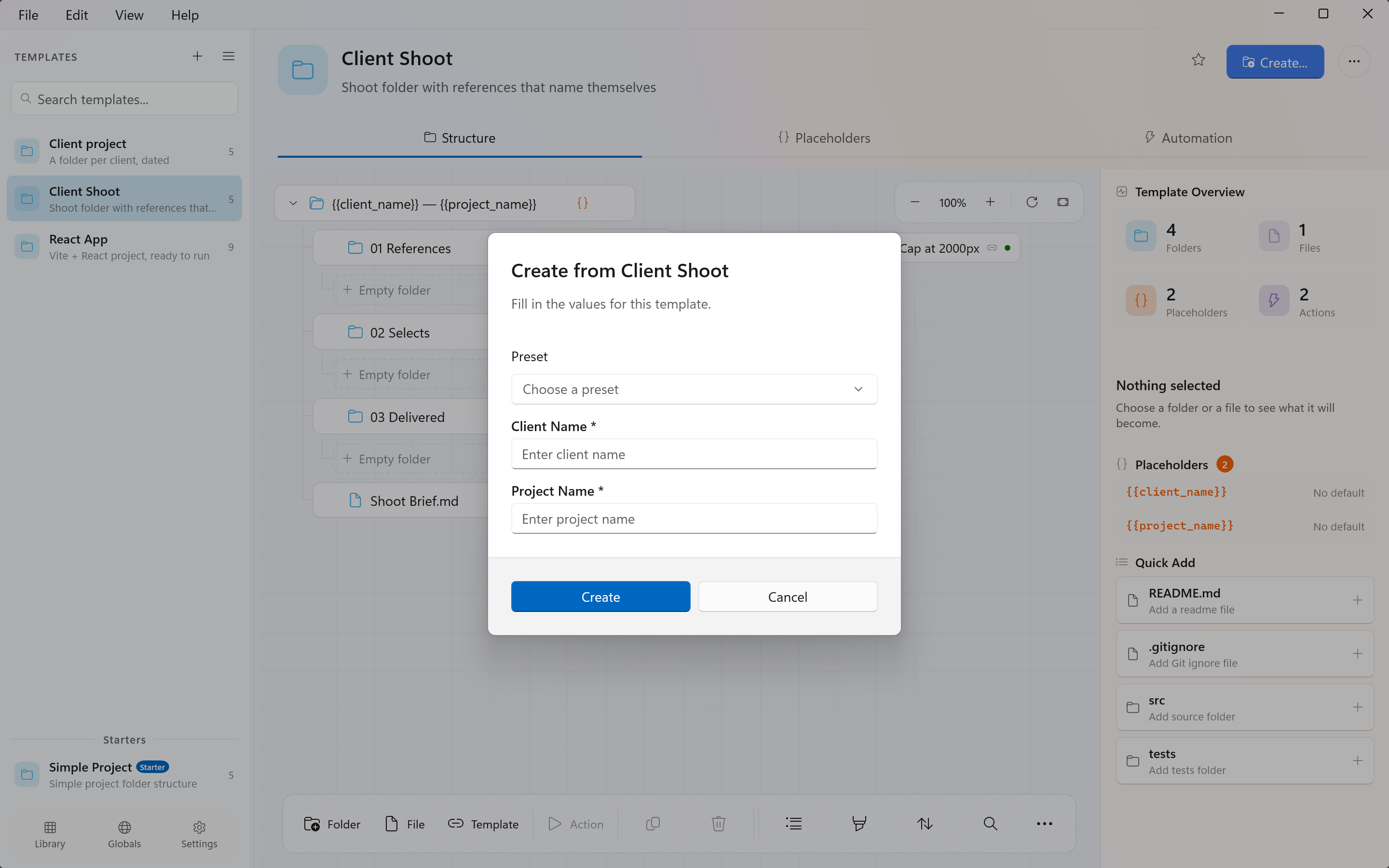 The Prefab deploy prompt with a labelled field for each placeholder and a Create button