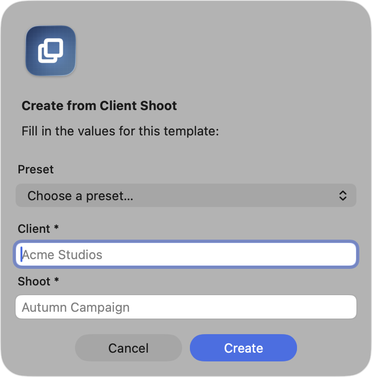 The Prefab deploy prompt with a labelled field for each placeholder and a Create button