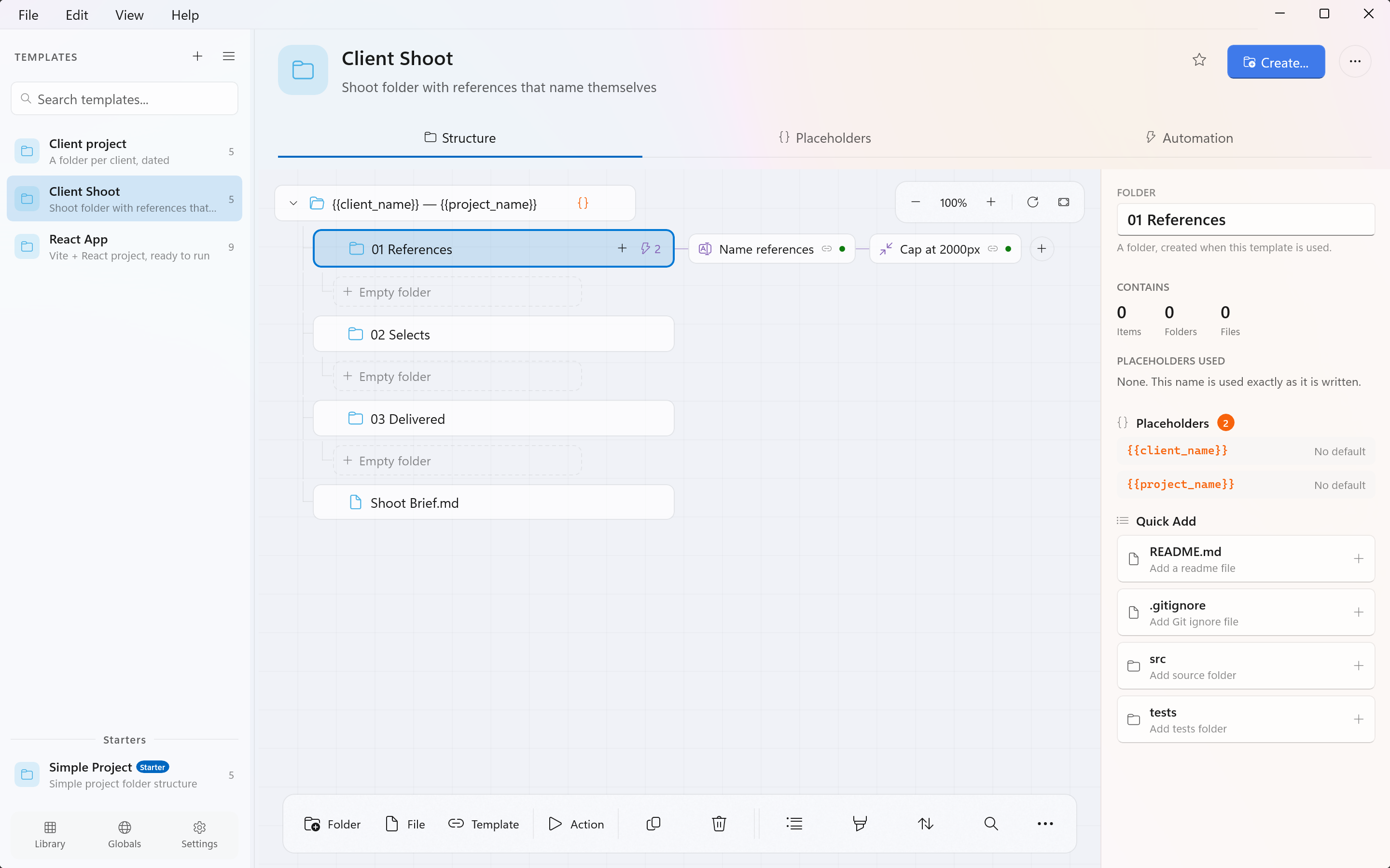 The Prefab template editor with a folder tree on the canvas and the inspector panel on the right