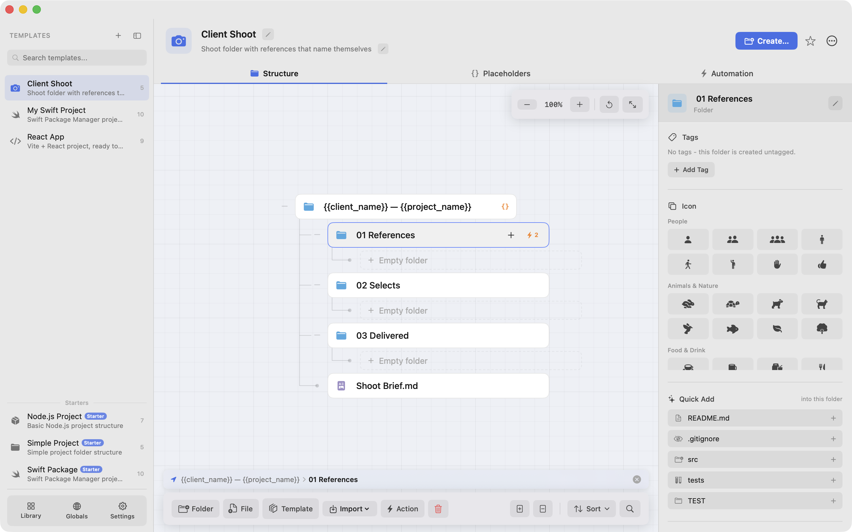 The Prefab template editor with a folder tree on the canvas and the inspector panel on the right