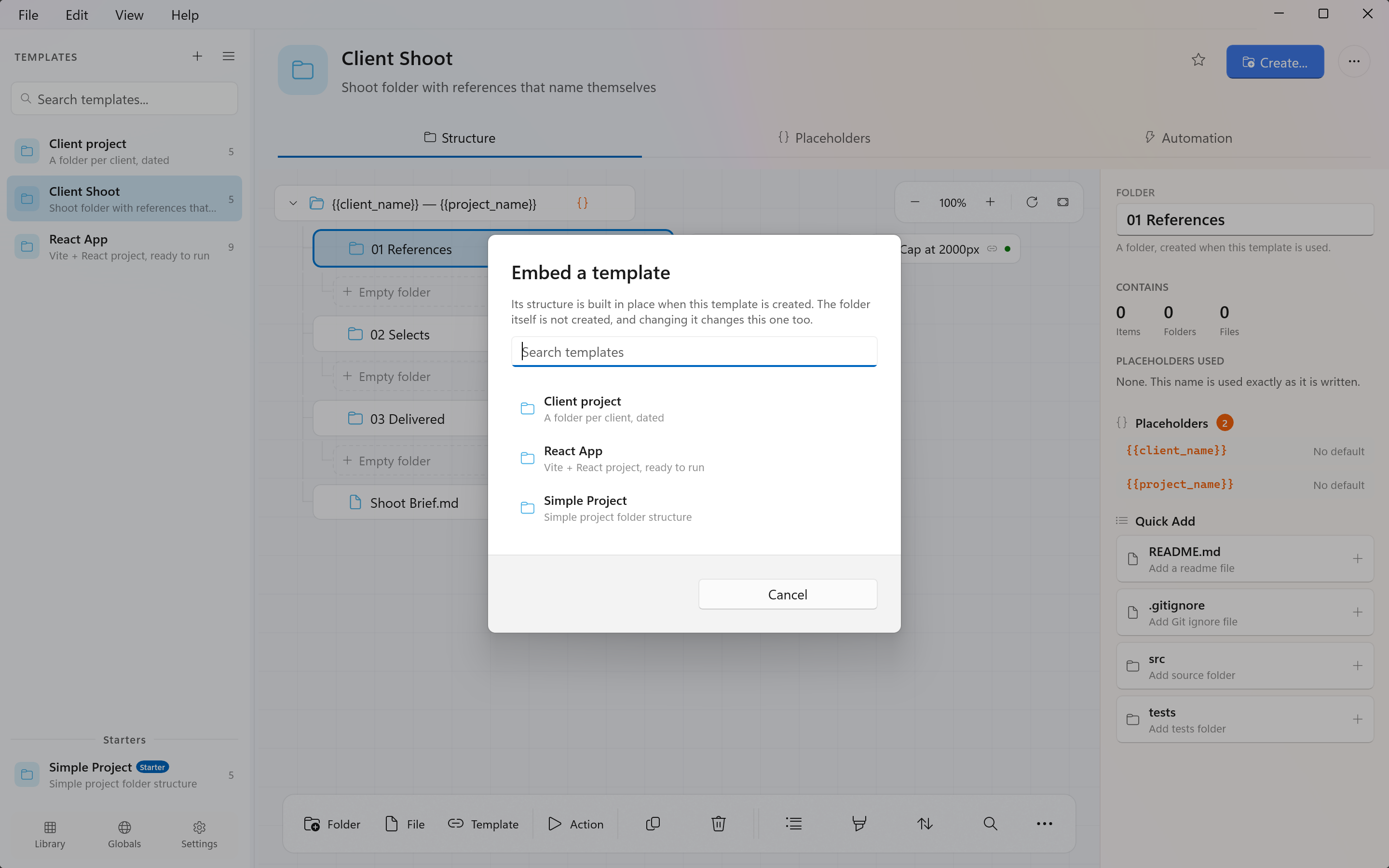 The Embed a Template picker listing the templates that can be embedded here
