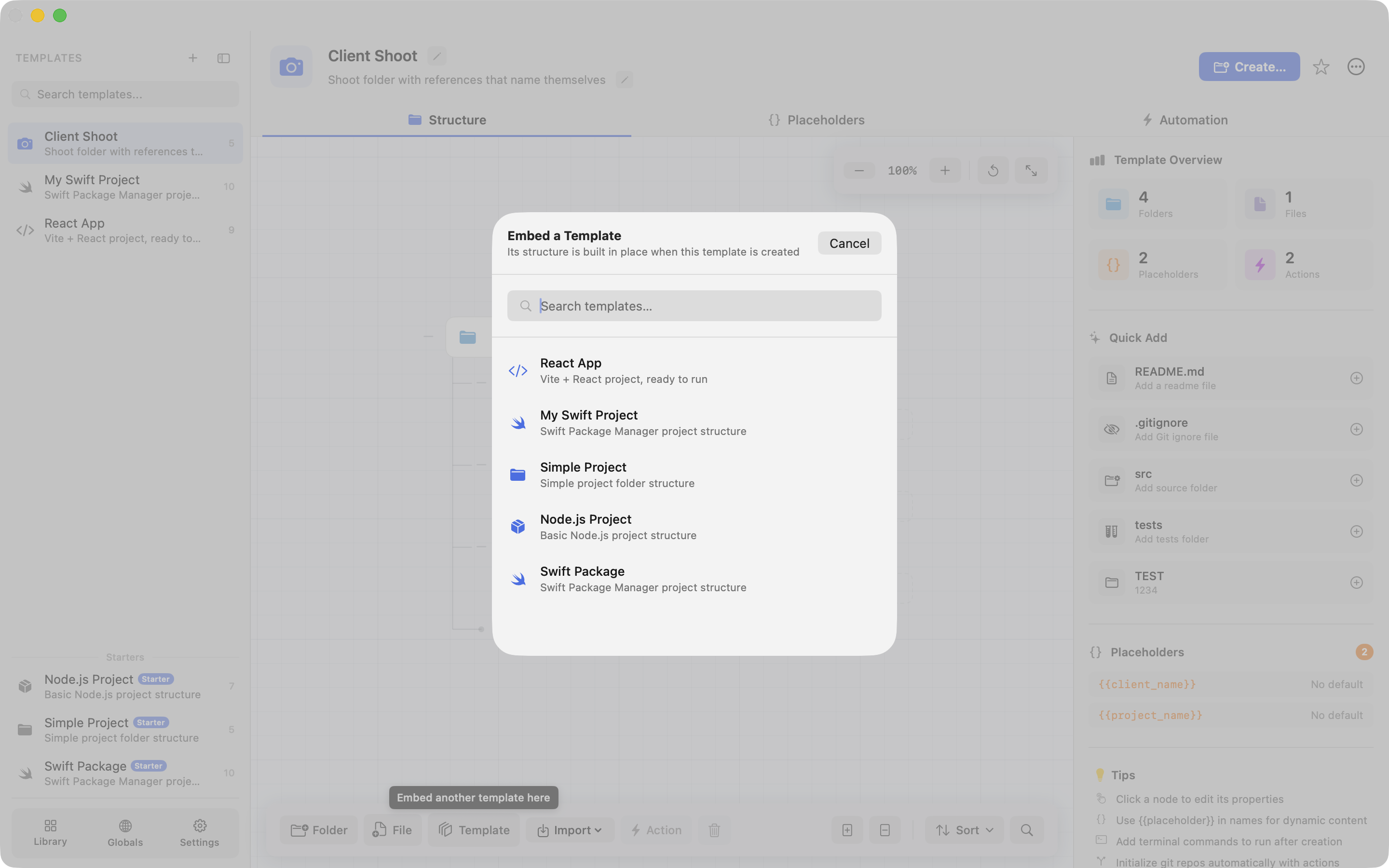 The Embed a Template picker listing the templates that can be embedded here