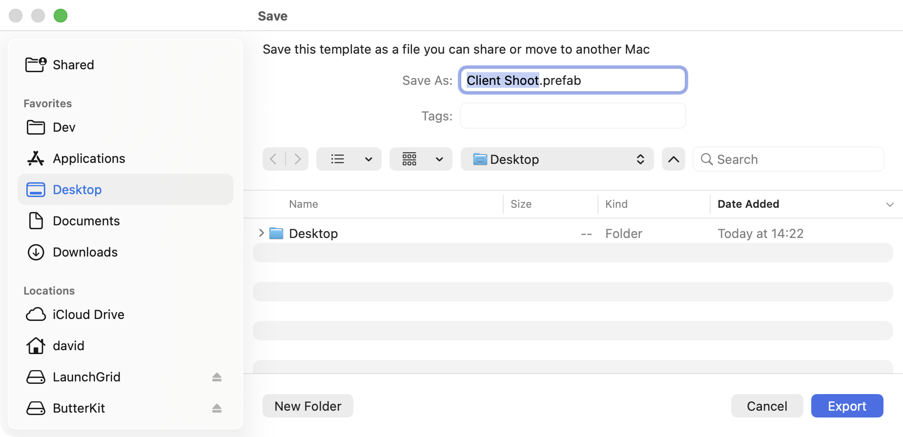 The save panel exporting a Prefab template as a .prefab file