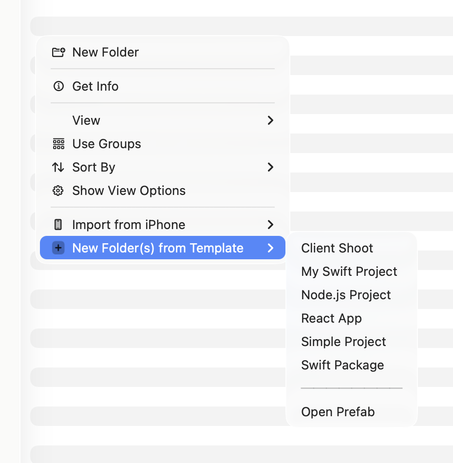 The right-click menu showing New Folder(s) from Template with a submenu of Prefab templates