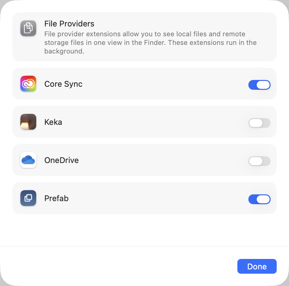 The macOS Finder extensions list with Prefab switched on beside the other installed extensions