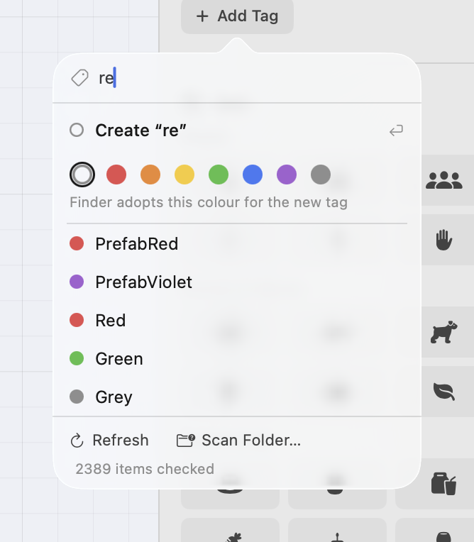 The tag picker showing a search field, a create row with colour swatches, and a list of known tags