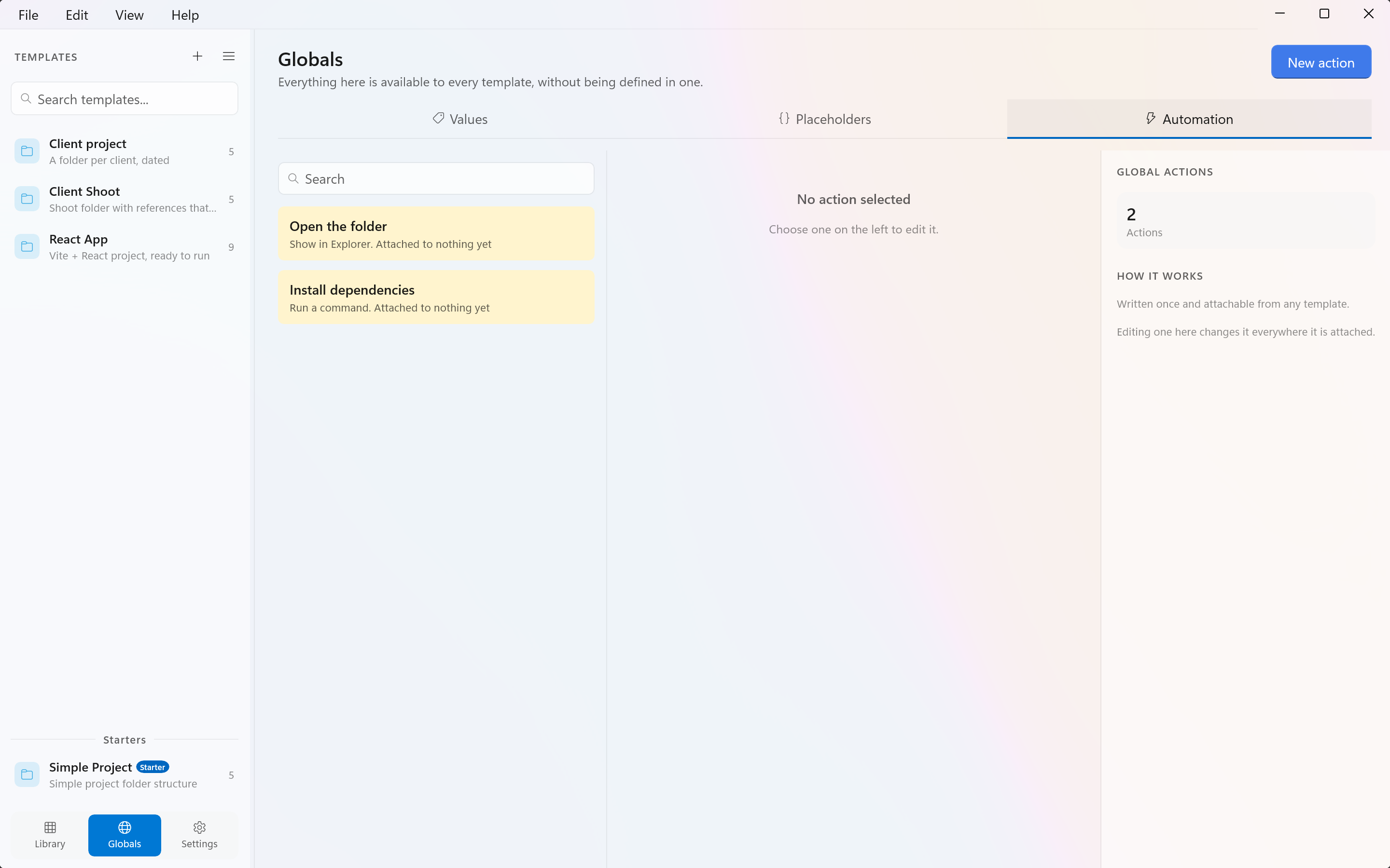The Automation tab of Prefab's Globals screen, listing library-wide actions with the selected one being edited