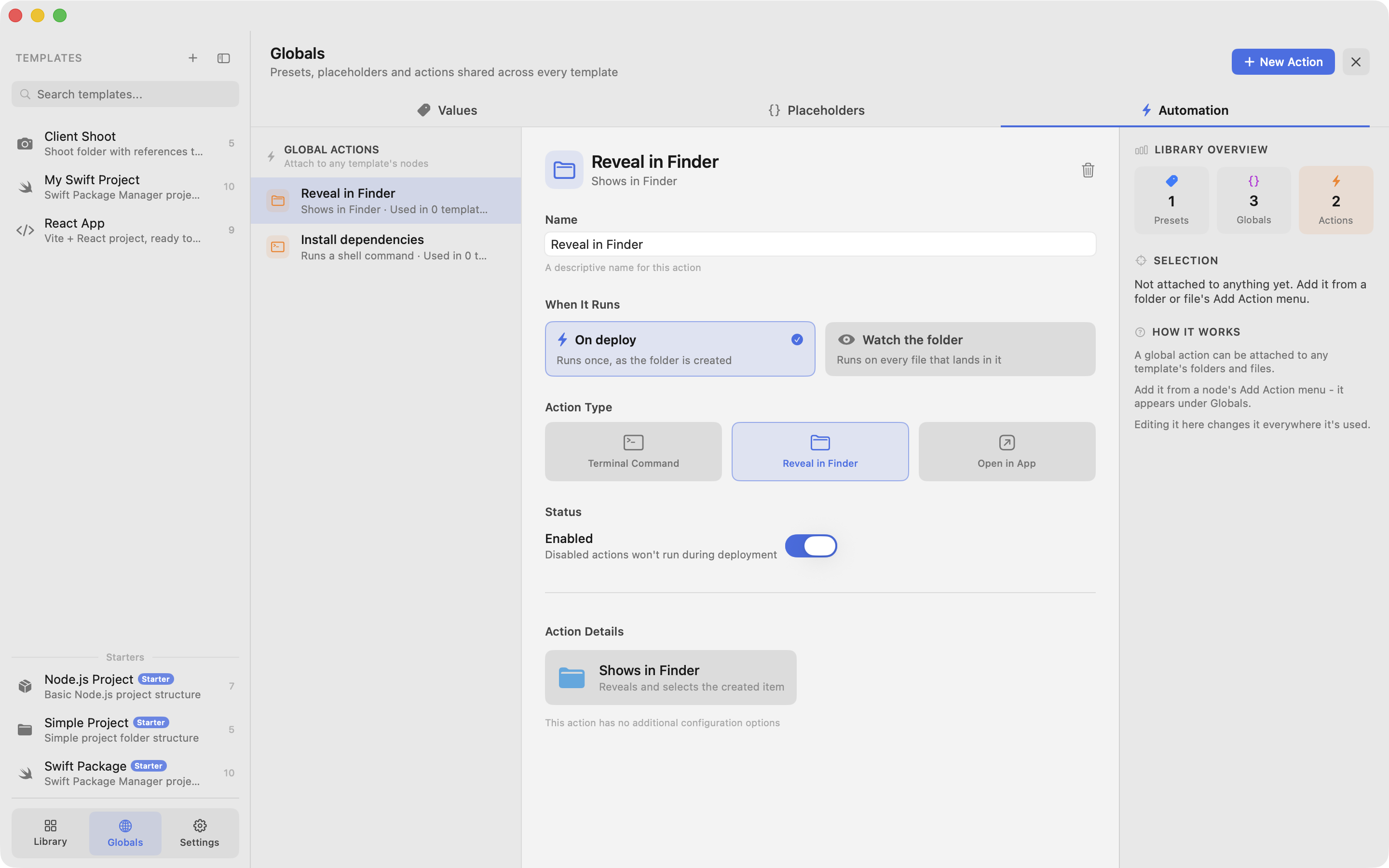 The Automation tab of Prefab's Globals screen, listing library-wide actions with the selected one being edited