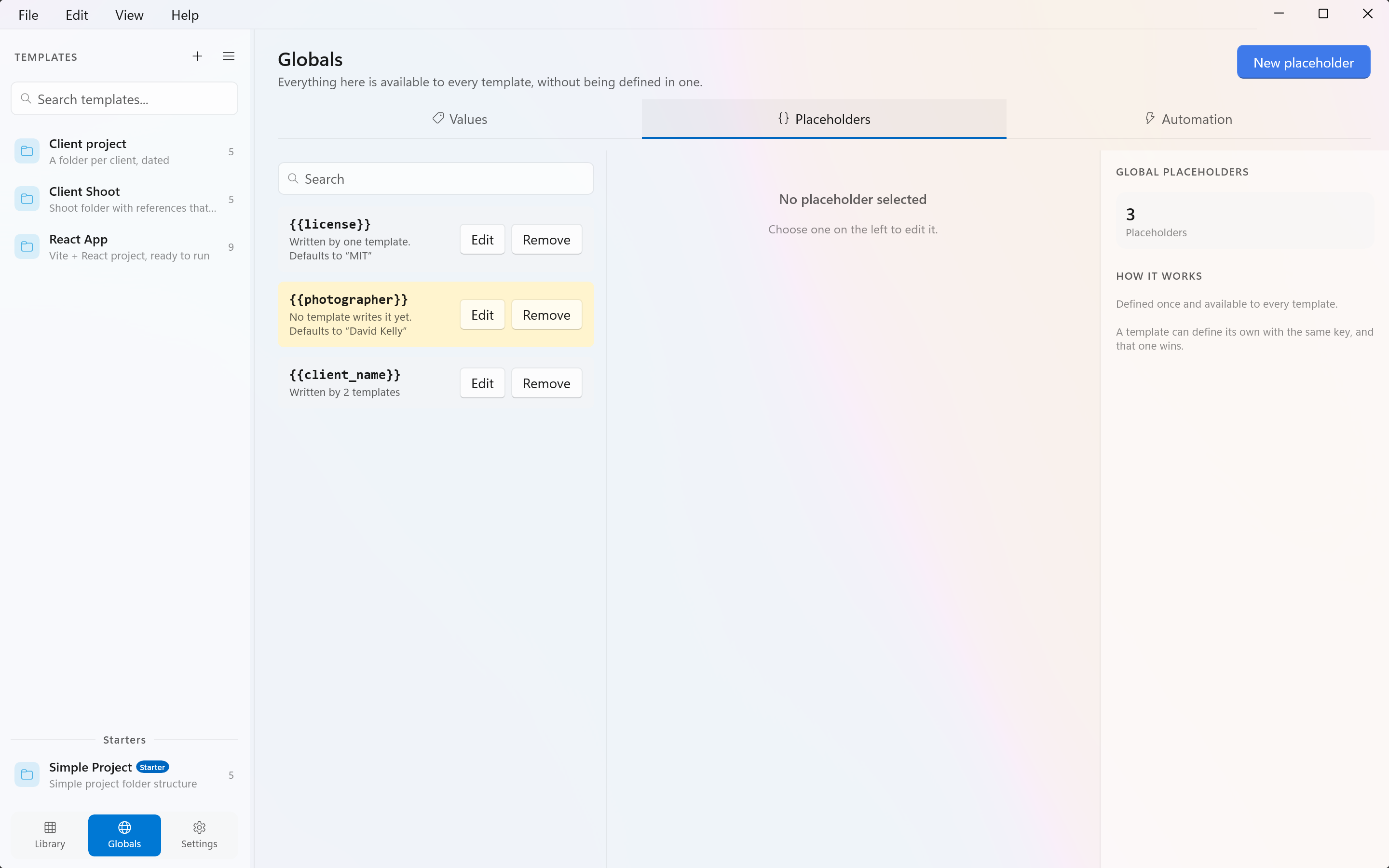The Placeholders tab of the Globals screen, with the list of globals on the left and one being edited