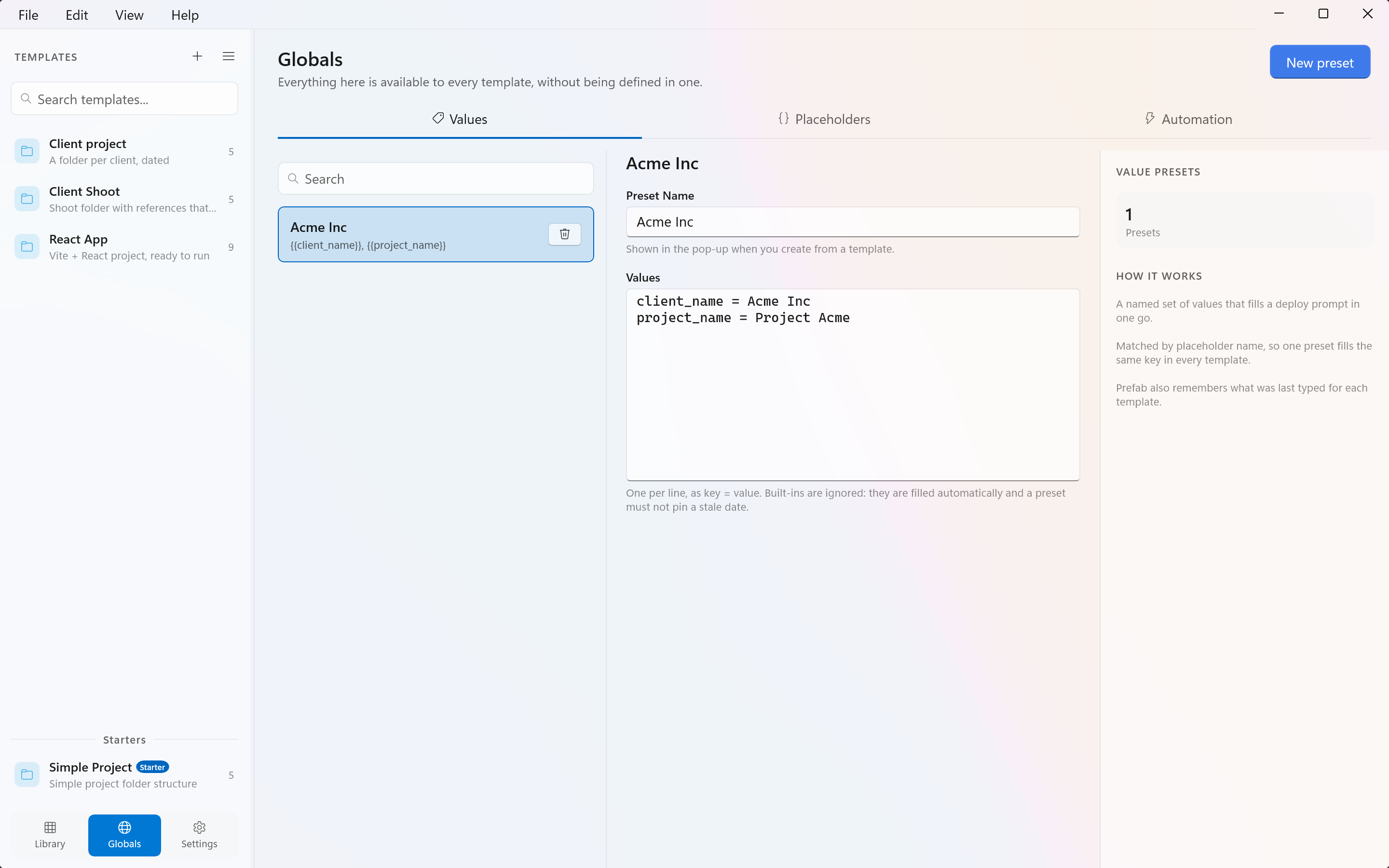 The Values tab of the Globals screen, with a preset's name and its key and value rows
