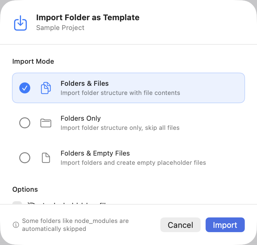 The import options sheet with the three import modes, above the options and the Import button