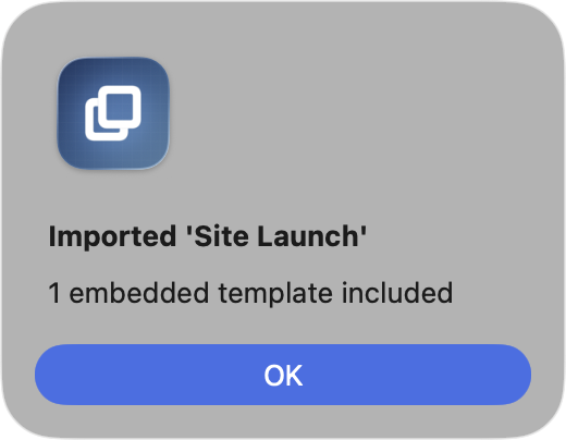 Prefab's import summary listing the template imported and the files added with it