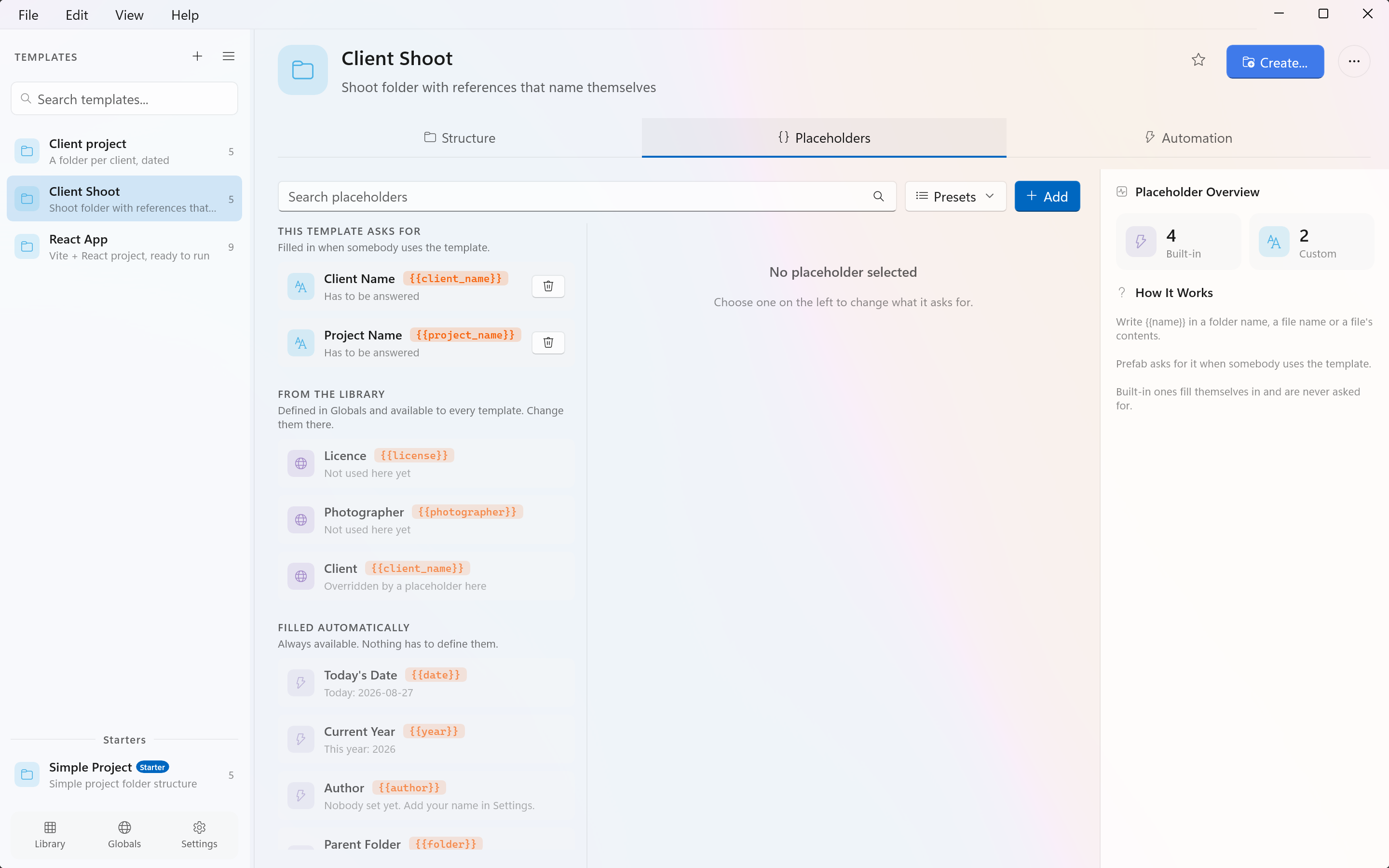 The Placeholders tab of a template, listing built-in, custom and global placeholders