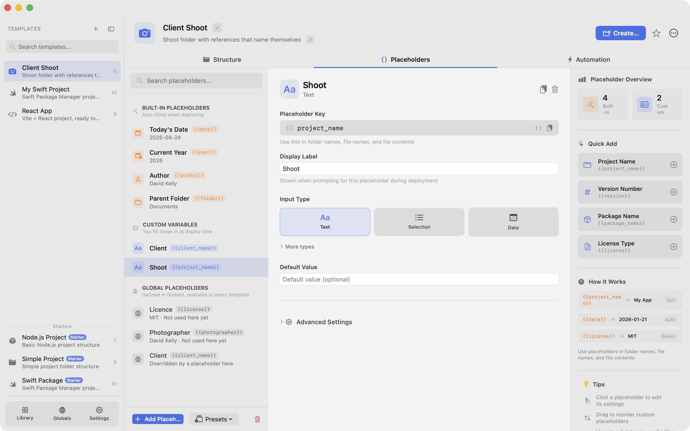 The Placeholders tab of a template, listing built-in, custom and global placeholders