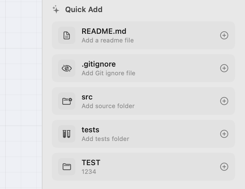 The Quick Add list in the inspector, showing shortcuts for a readme, a gitignore and source folders