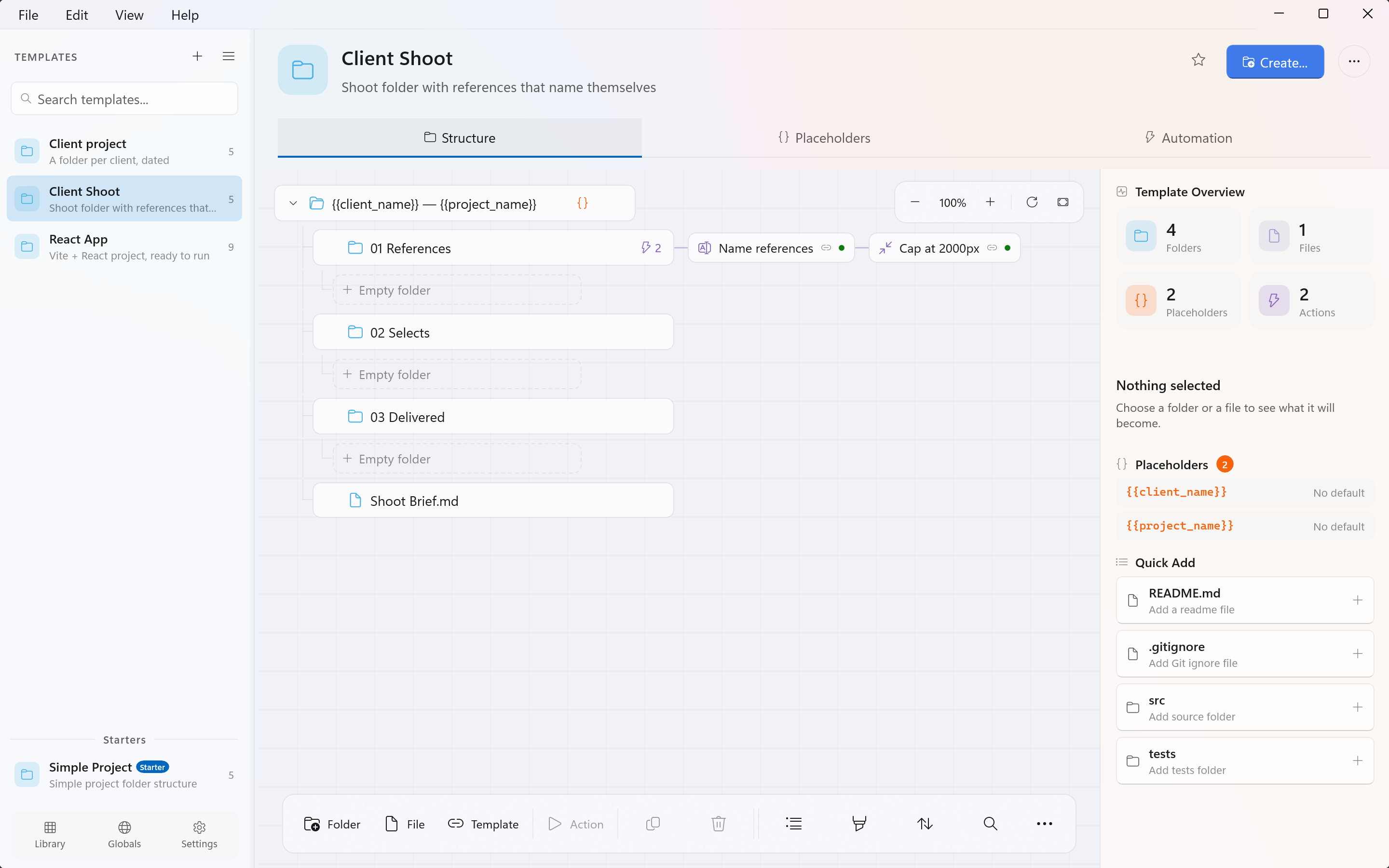 A template with a top folder named with a placeholder and three subfolders inside it