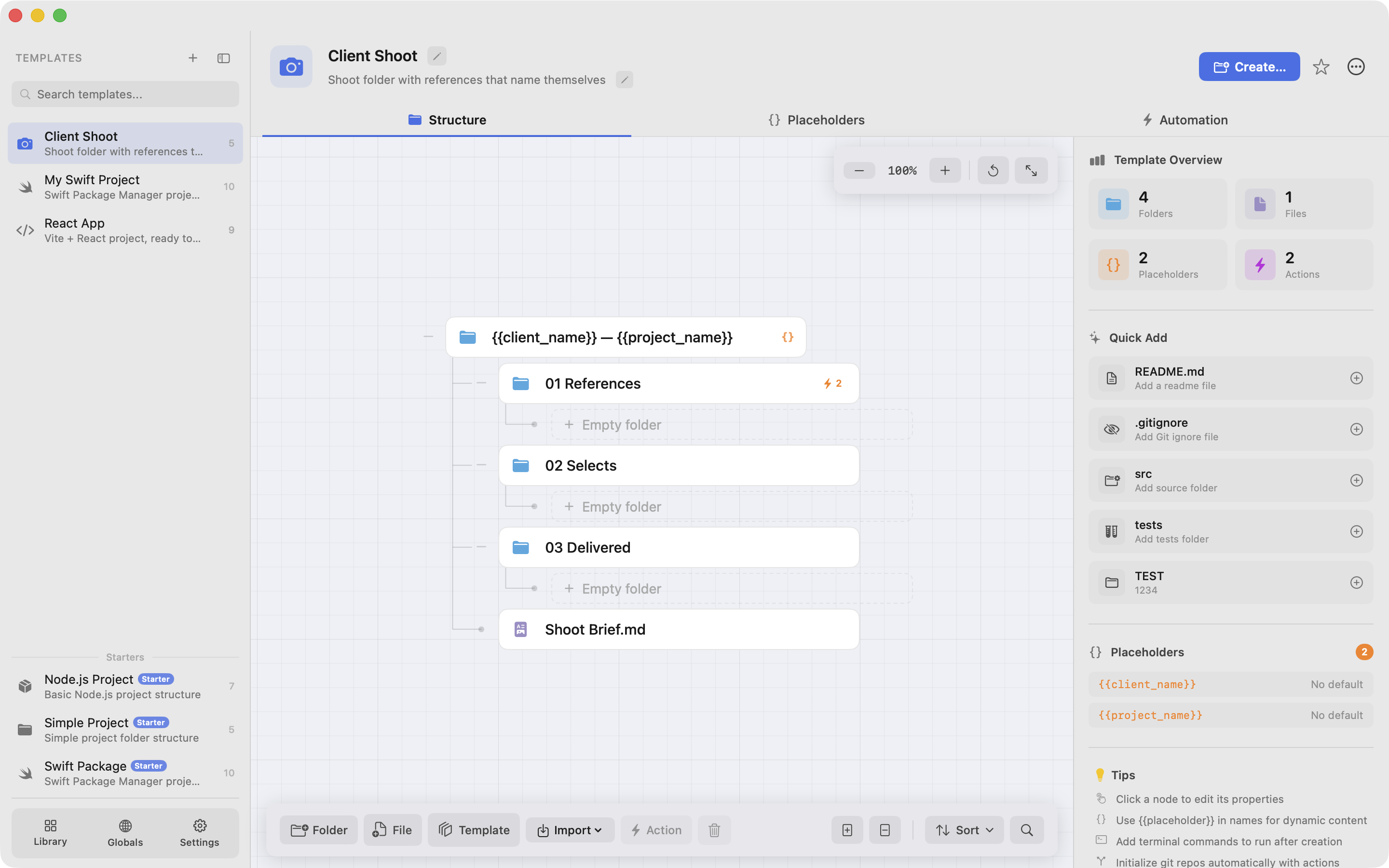 A template with a top folder named with a placeholder and three subfolders inside it