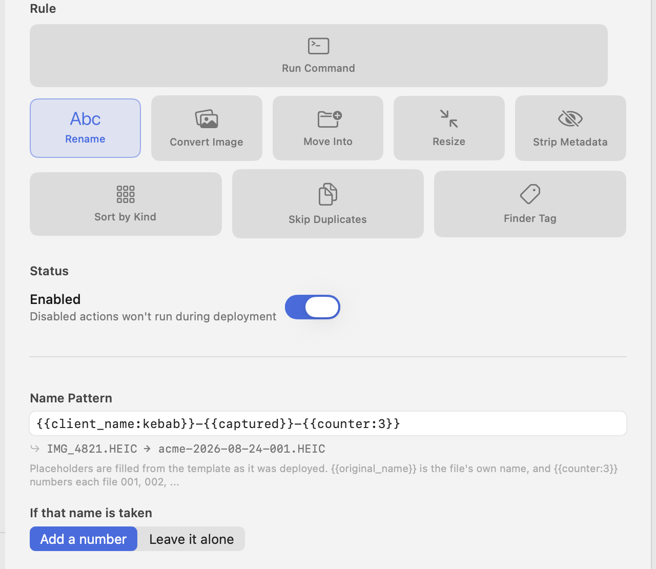 The rule editor for Rename, showing the Name Pattern field, a live preview and the collision picker