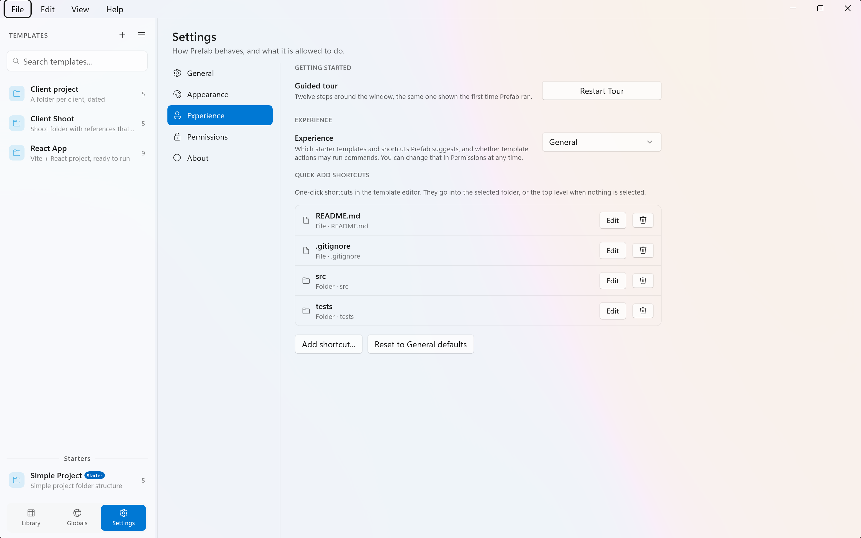 Prefab's Experience settings showing the five experience options and the Quick Add shortcut list