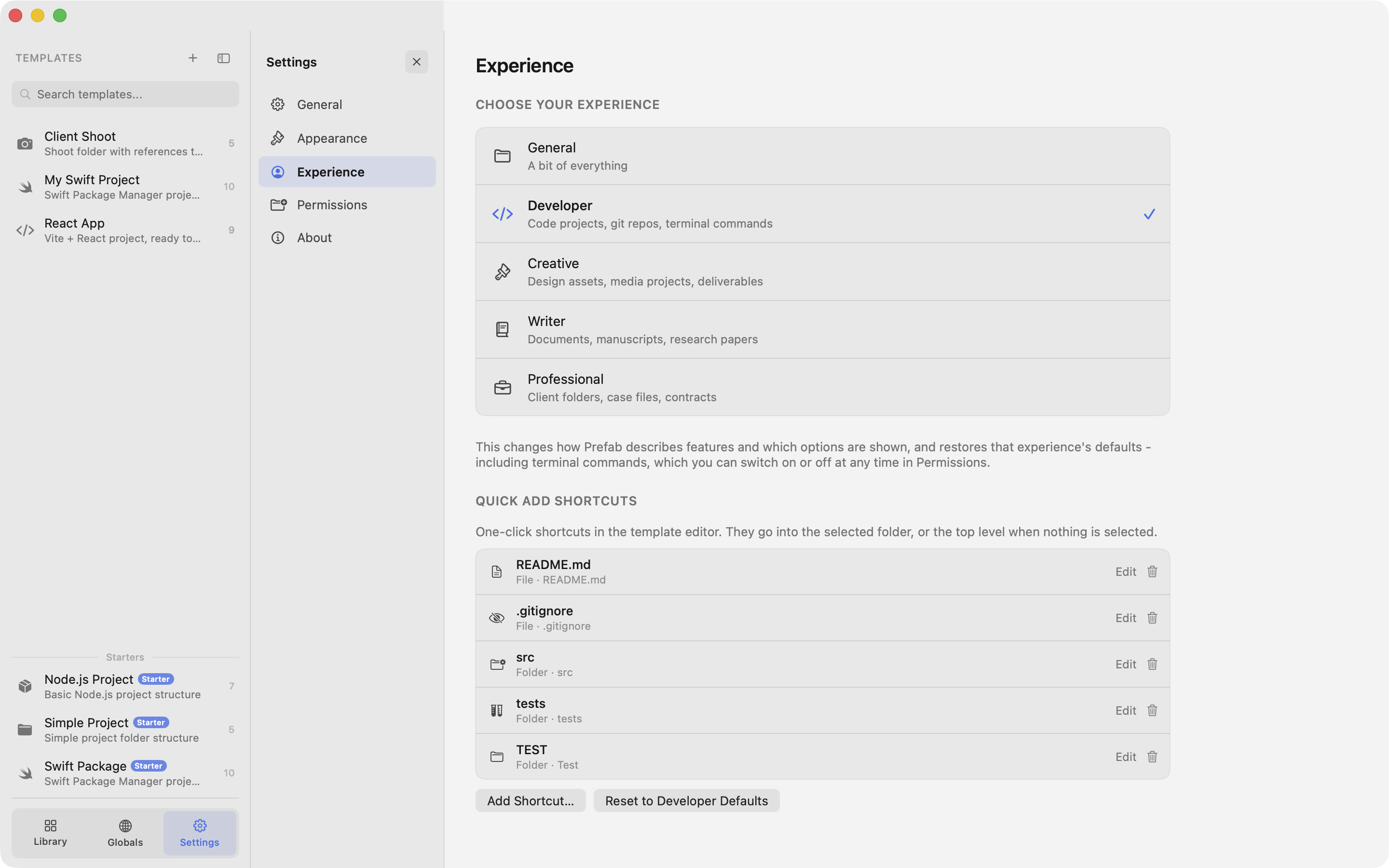 Prefab's Experience settings showing the five experience options and the Quick Add shortcut list
