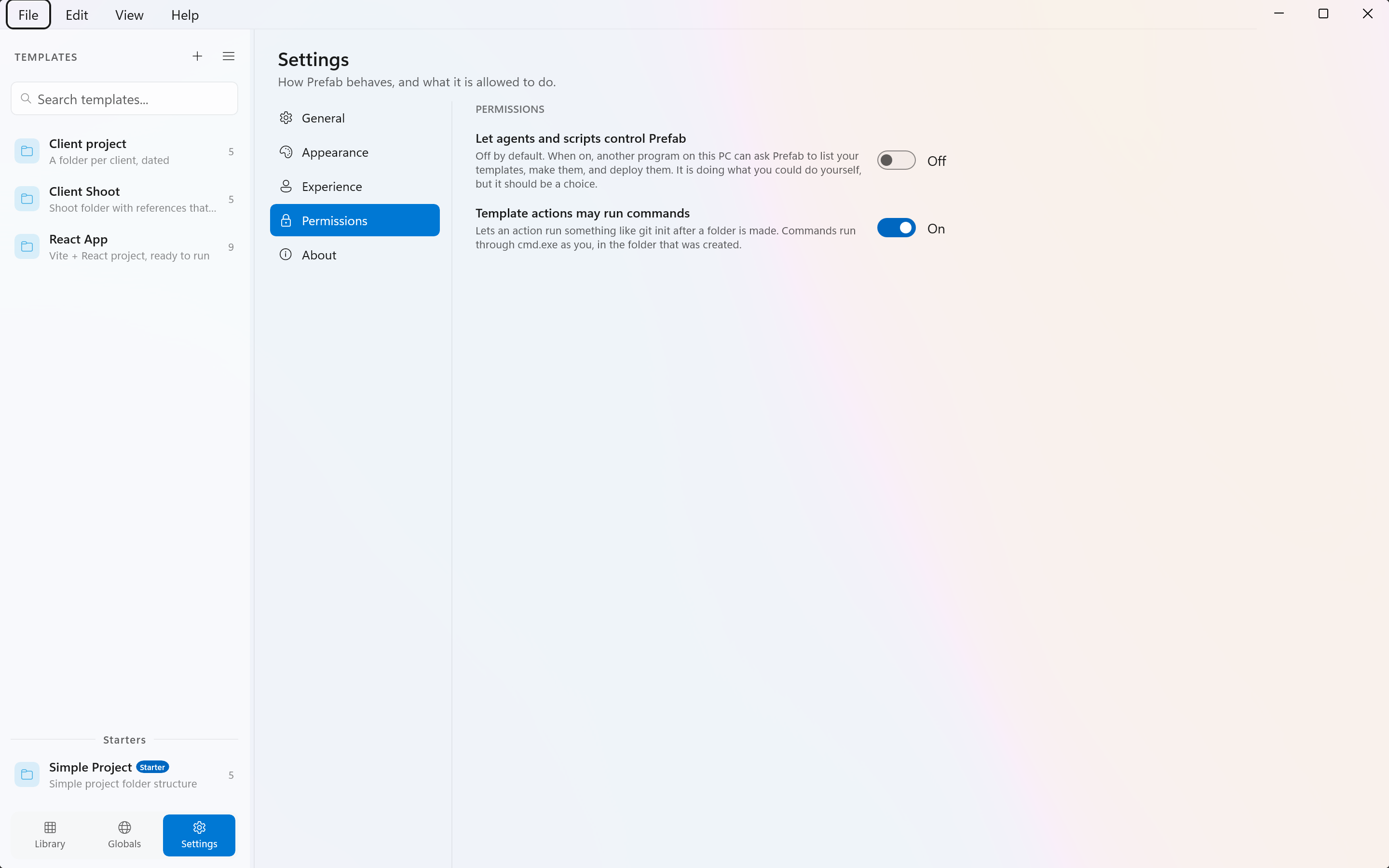 Prefab's Permissions settings showing the terminal commands switch, the shell runner status and version, and the list of authorised folders