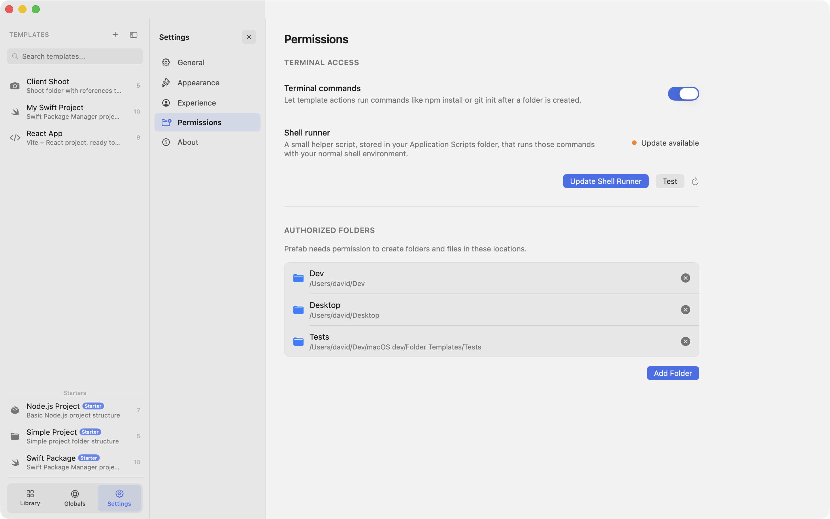 Prefab's Permissions settings showing the terminal commands switch, the shell runner status and version, and the list of authorised folders