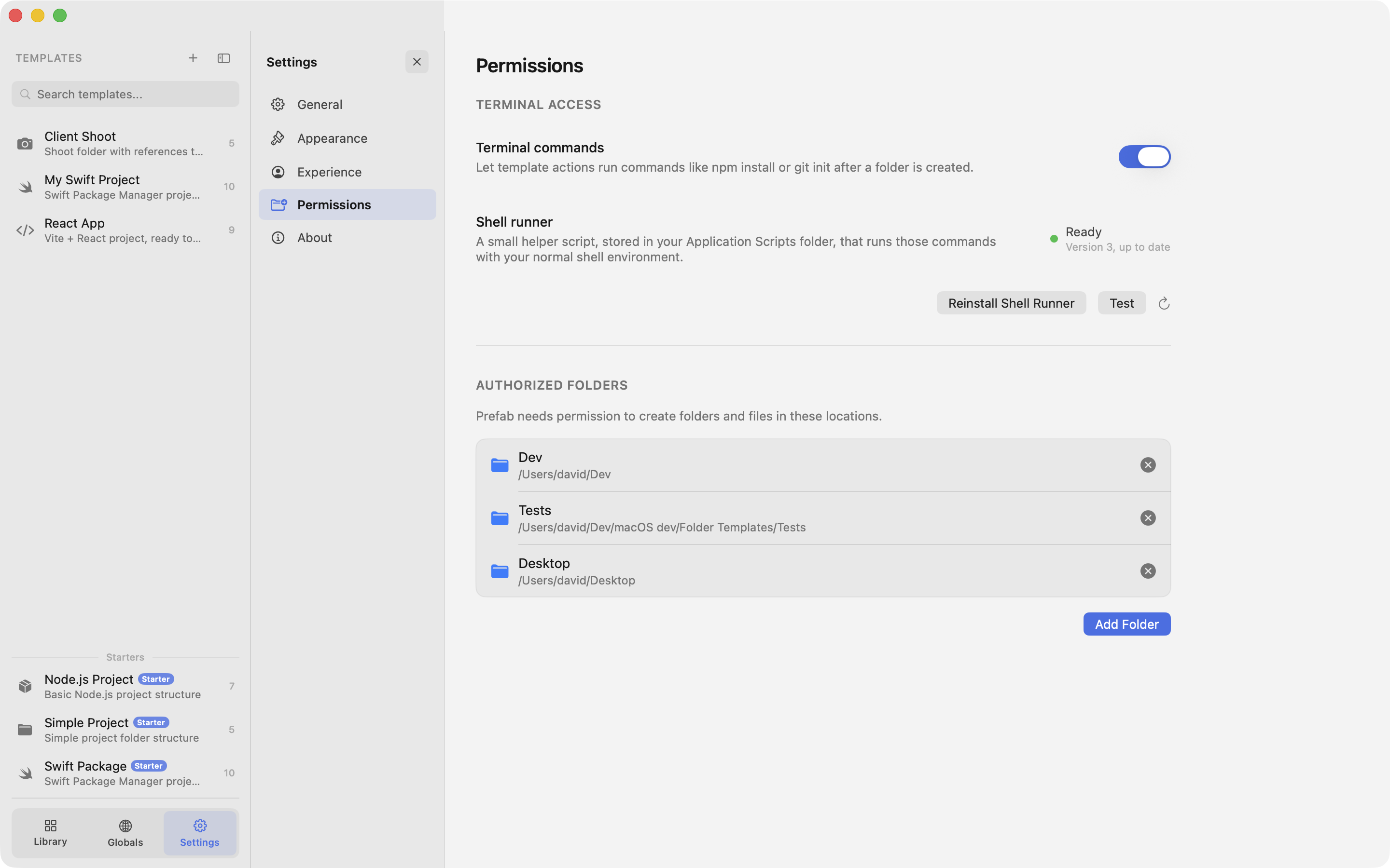 The Terminal Access section of Prefab's Permissions settings, with a switch for terminal commands and the shell runner's status below it