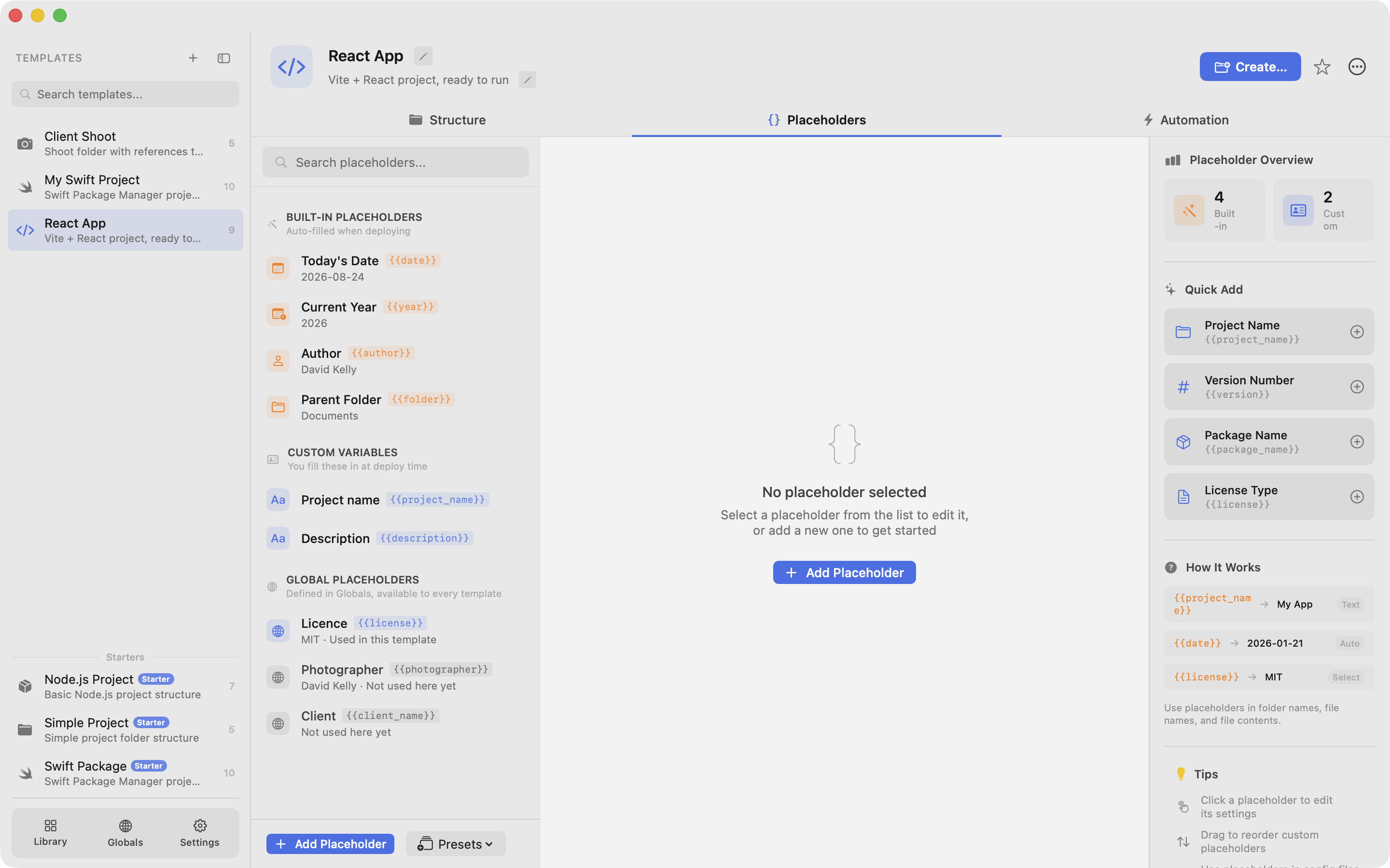 The Global Placeholders section inside a template's Placeholders tab, showing each global's status