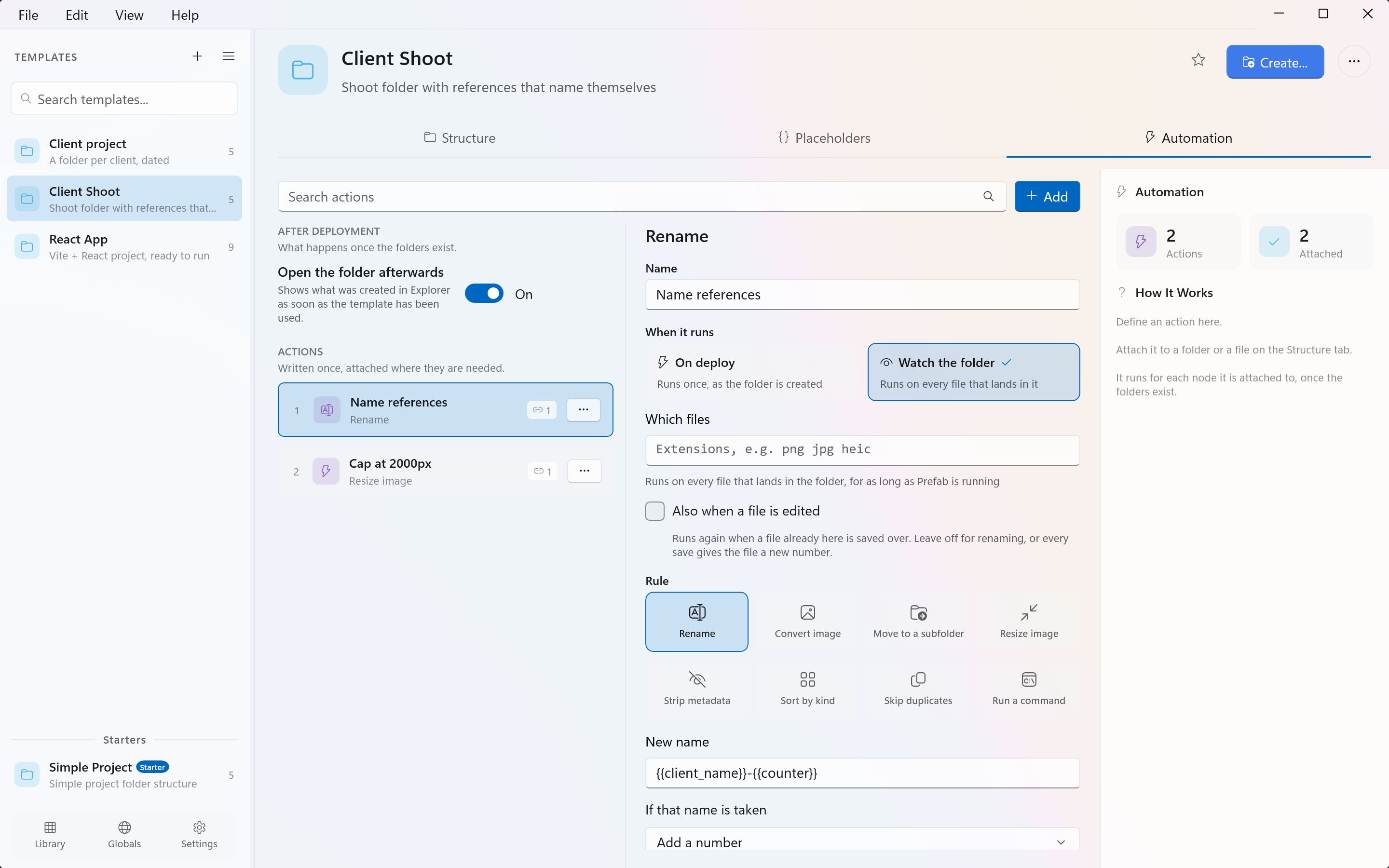 An action in the template editor with the Watch the folder trigger selected and a Which files field below it