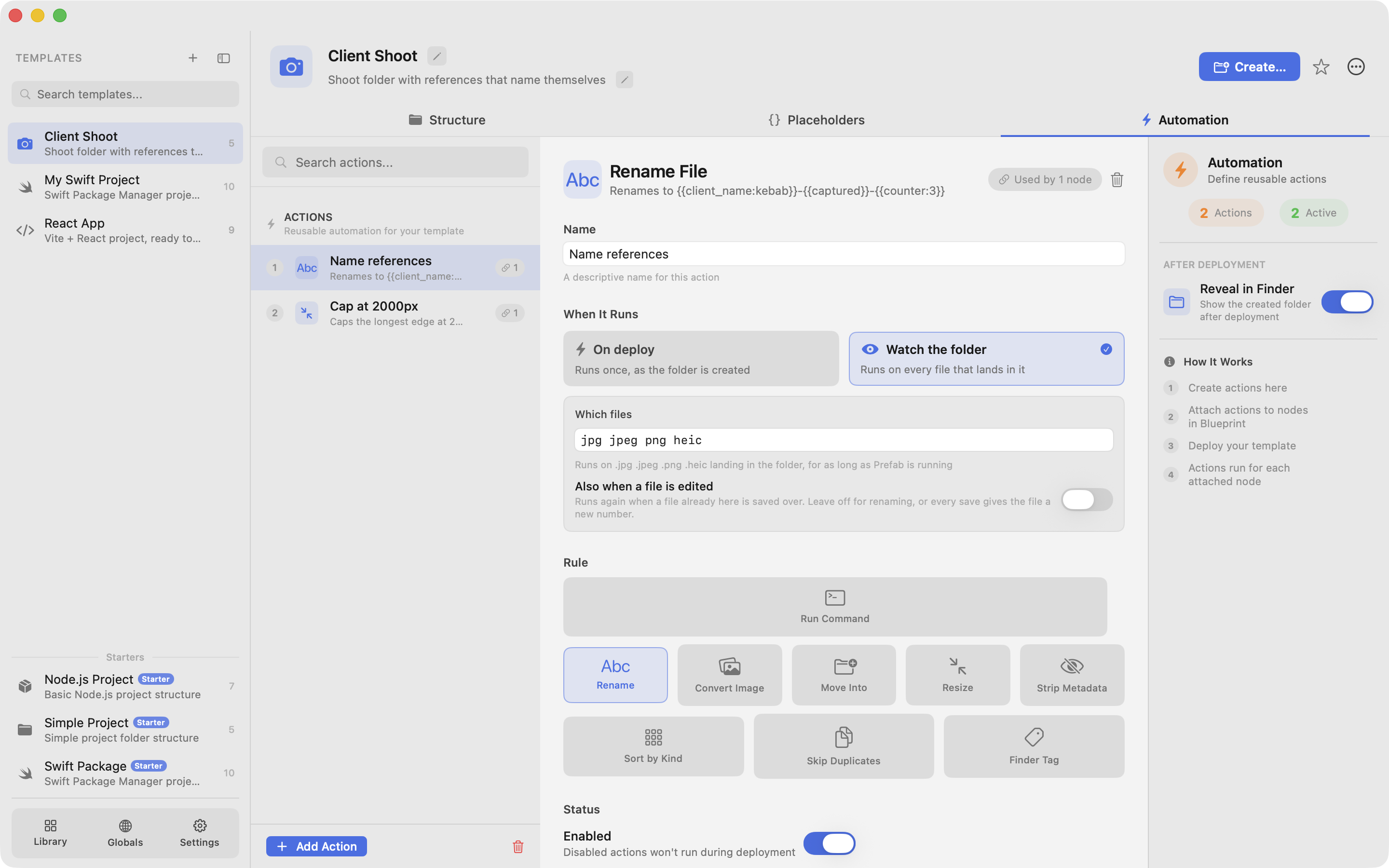 An action in the template editor with the Watch the folder trigger selected and a Which files field below it